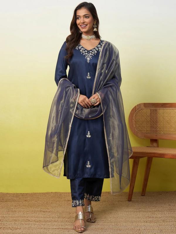 9868 T Women's Embroidered Yoke Design Straight Kurta Set with Dupatta